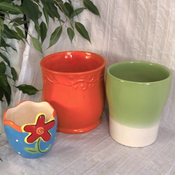 Ceramic Flower pots planters orange green & blue colorful themed lot of 3 - Picture 1 of 12